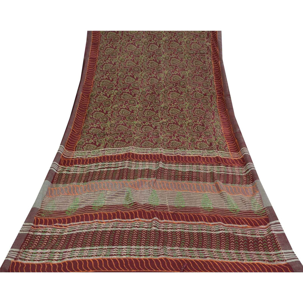 Sanskriti Vintage Sarees Purple Hand Block Printed Pure Cotton Sari 6+yd Fabric