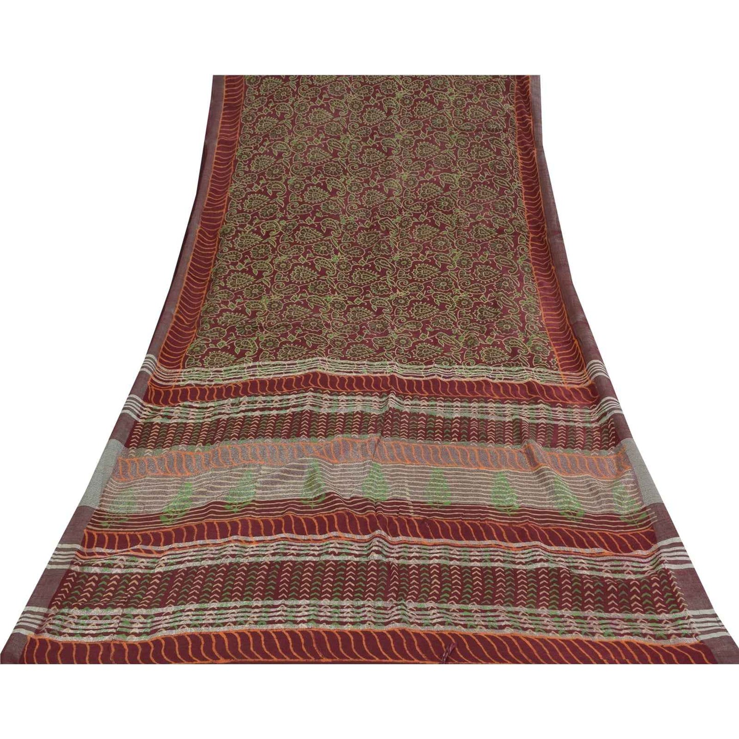 Sanskriti Vintage Sarees Purple Hand Block Printed Pure Cotton Sari 6+yd Fabric