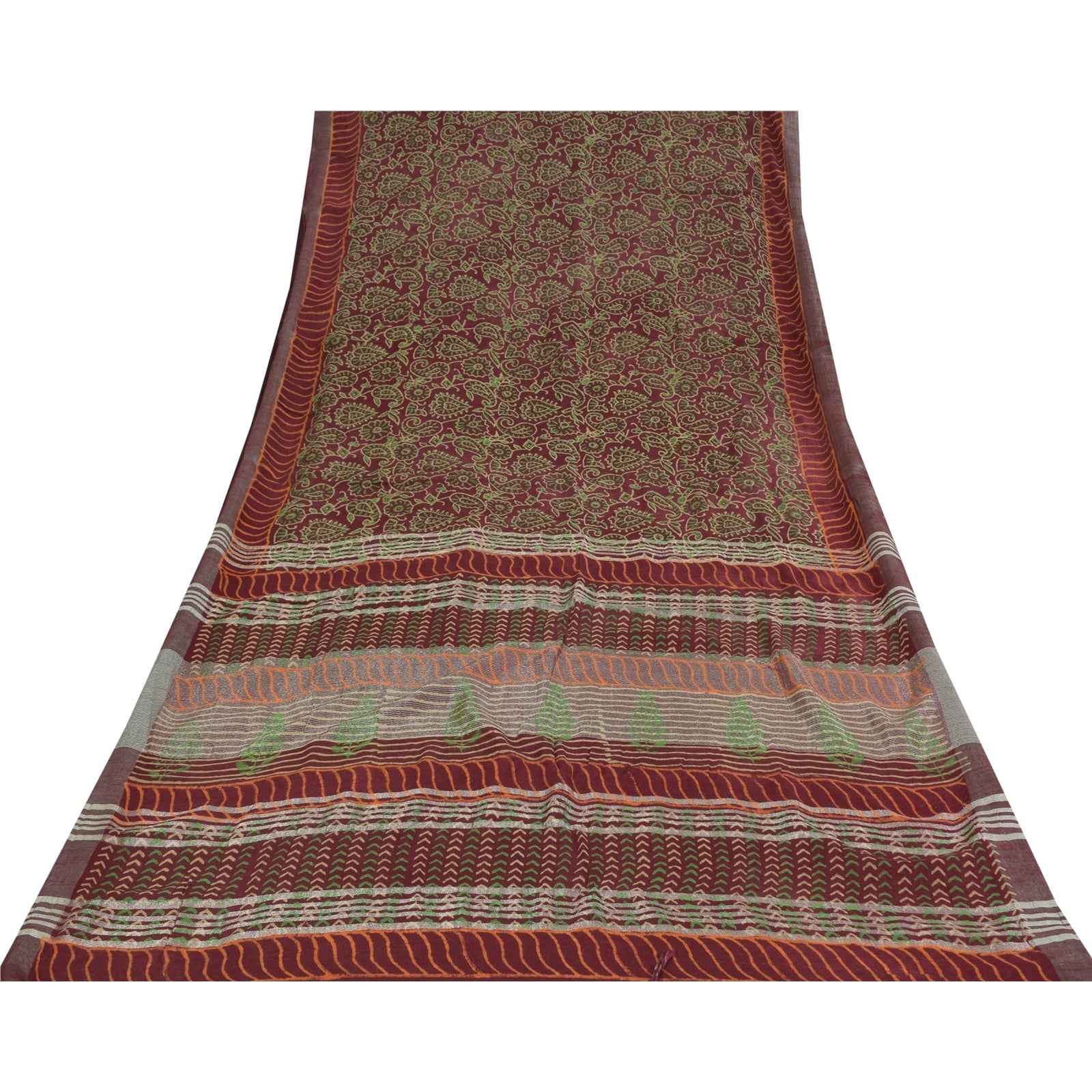 Sanskriti Vintage Sarees Purple Hand Block Printed Pure Cotton Sari 6+yd Fabric