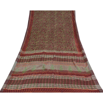 Sanskriti Vintage Sarees Purple Hand Block Printed Pure Cotton Sari 6+yd Fabric