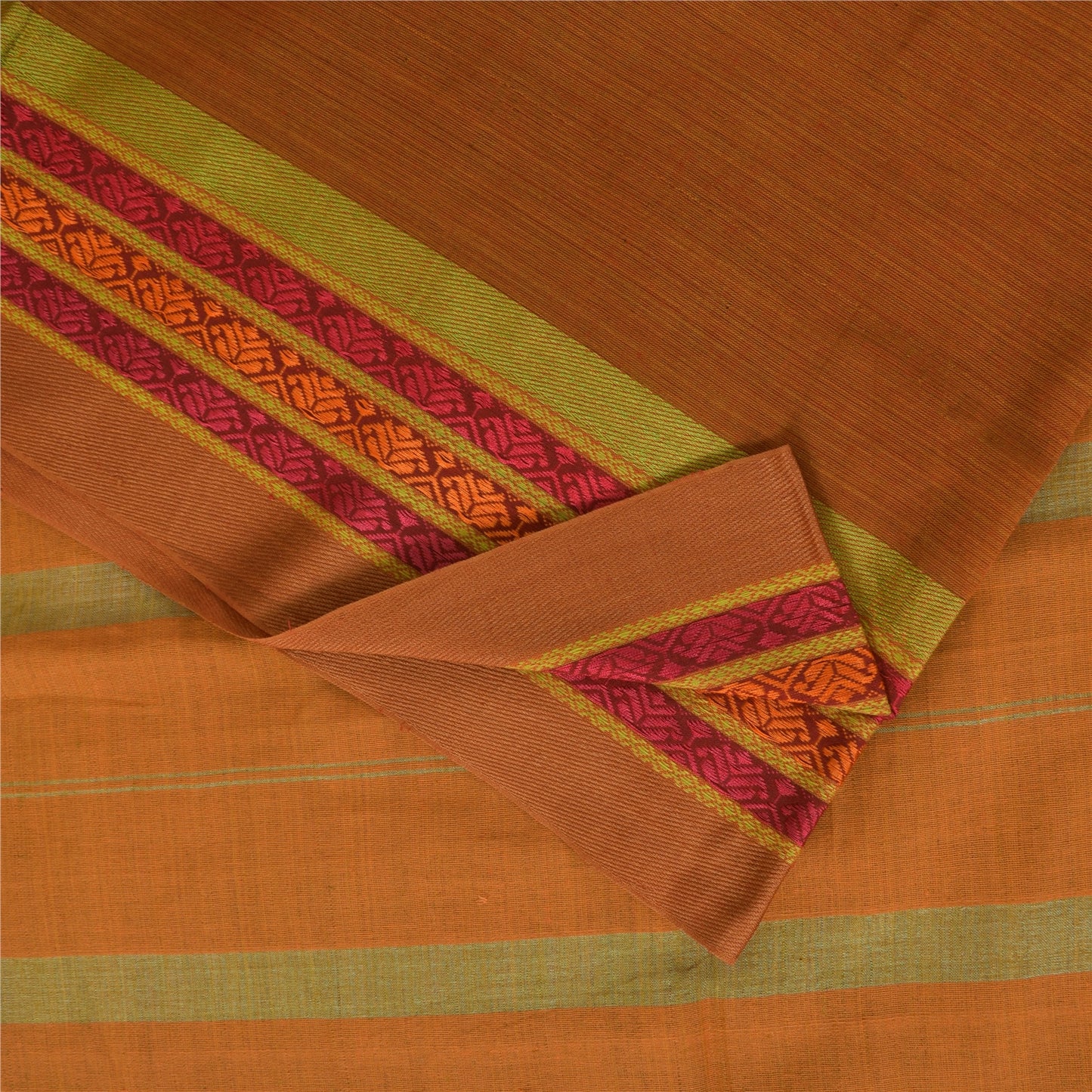 Sanskriti Vintage Sarees Saffron Pure Cotton Hand Woven Sari 5+yd Craft Fabric