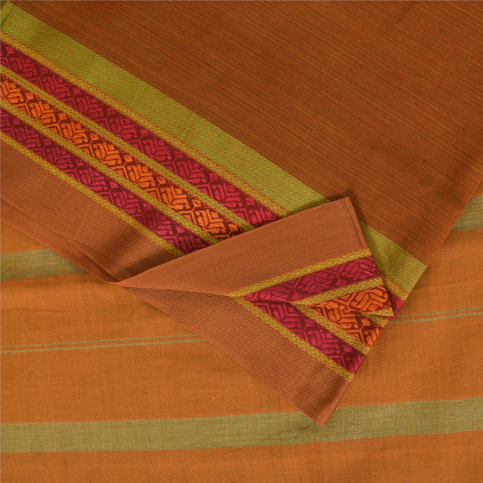 Sanskriti Vintage Sarees Saffron Pure Cotton Hand Woven Sari 5+yd Craft Fabric