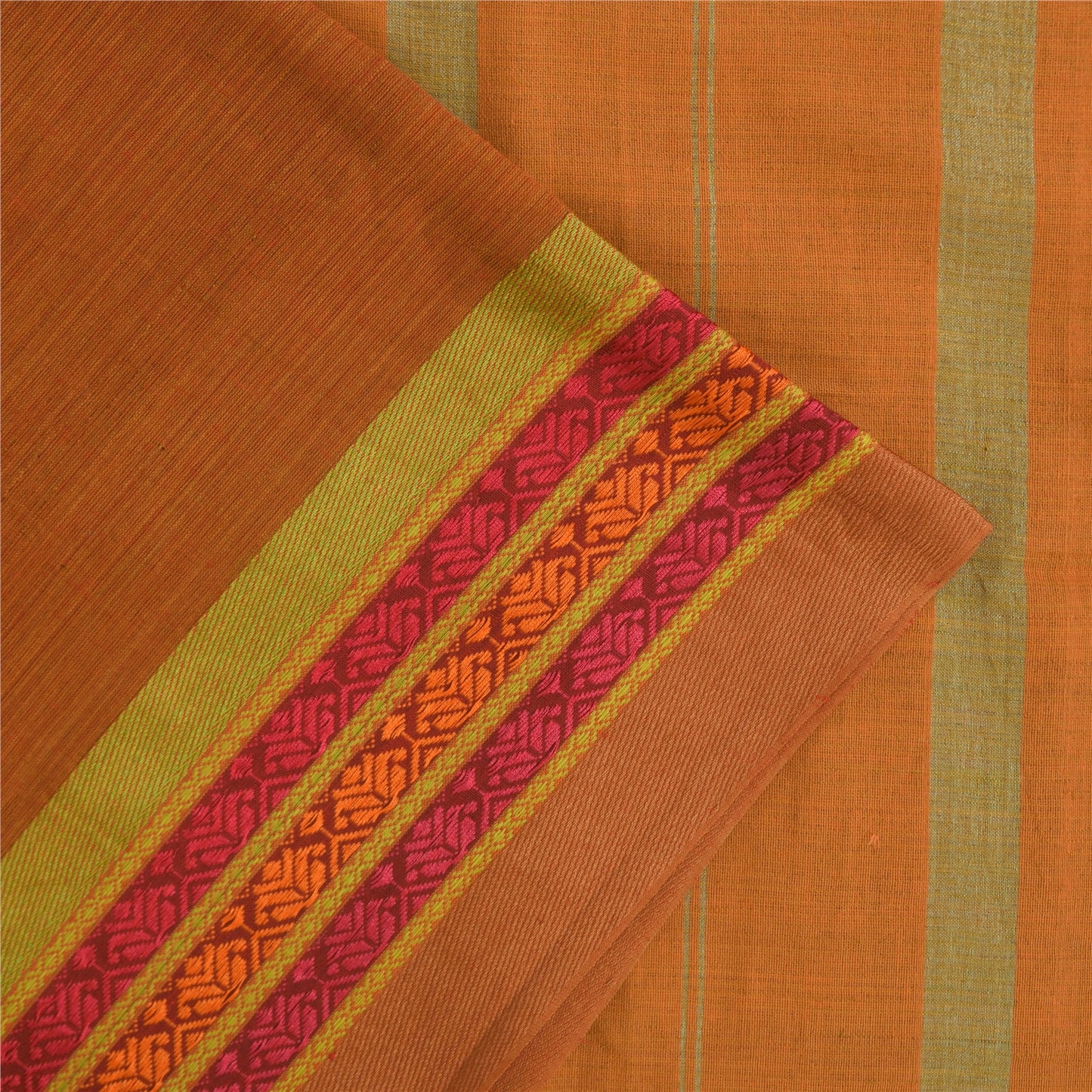 Sanskriti Vintage Sarees Saffron Pure Cotton Hand Woven Sari 5+yd Craft Fabric