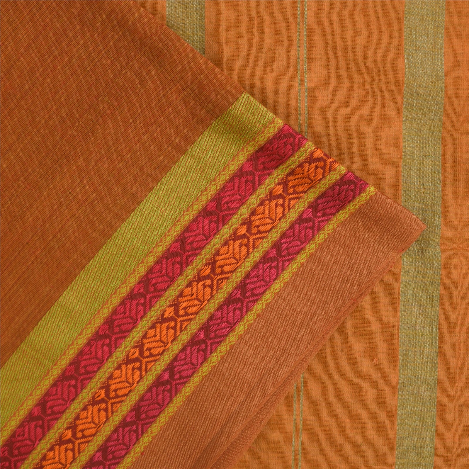 Sanskriti Vintage Sarees Saffron Pure Cotton Hand Woven Sari 5+yd Craft Fabric