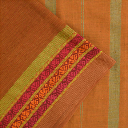 Sanskriti Vintage Sarees Saffron Pure Cotton Hand Woven Sari 5+yd Craft Fabric