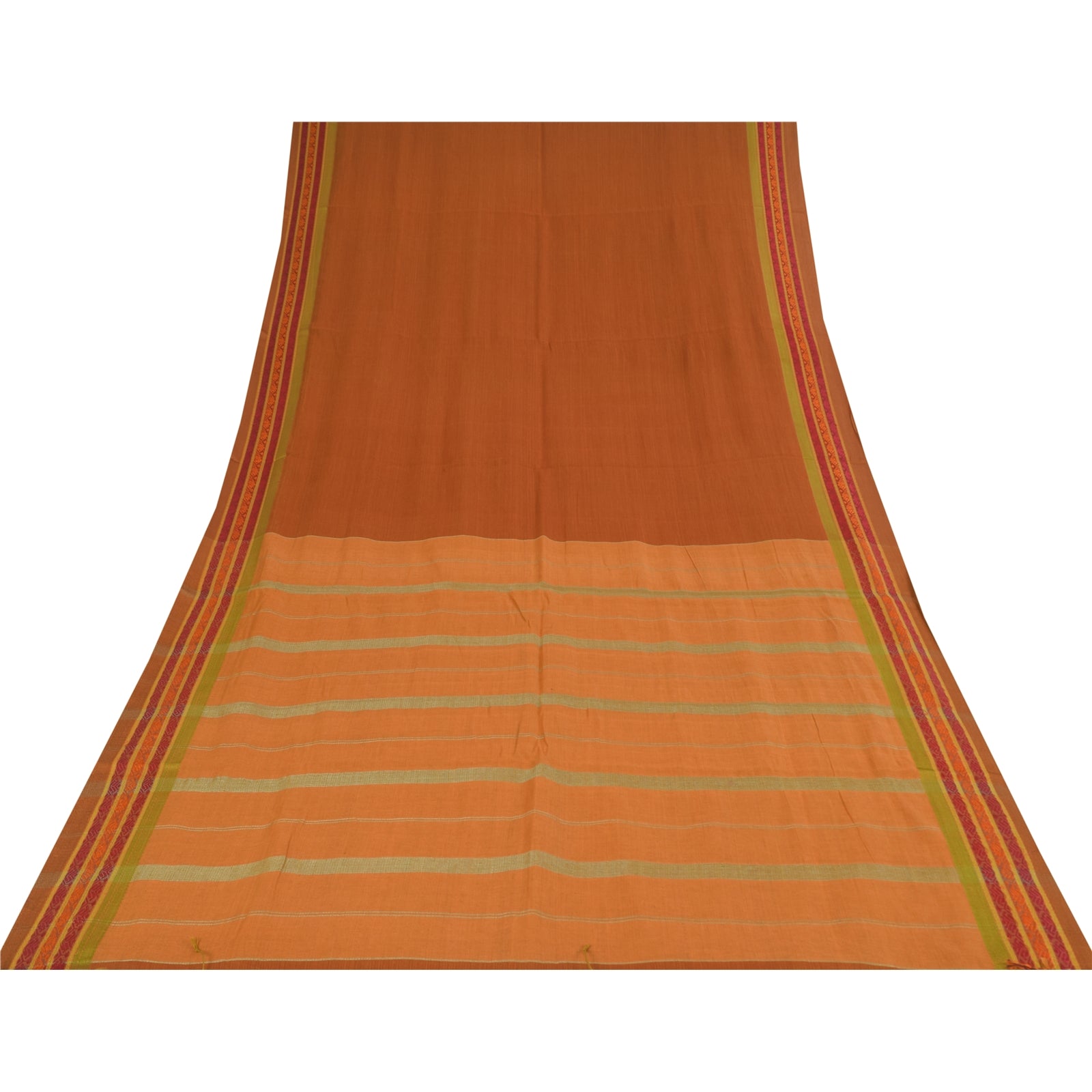 Sanskriti Vintage Sarees Saffron Pure Cotton Hand Woven Sari 5+yd Craft Fabric