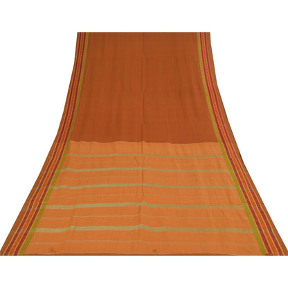 Sanskriti Vintage Sarees Saffron Pure Cotton Hand Woven Sari 5+yd Craft Fabric