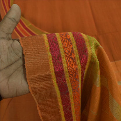 Sanskriti Vintage Sarees Saffron Pure Cotton Hand Woven Sari 5+yd Craft Fabric