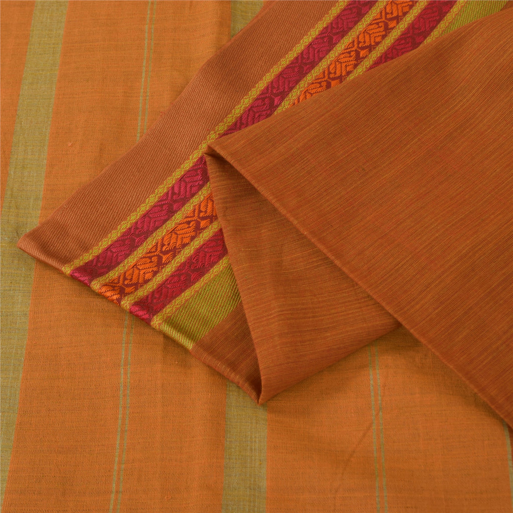 Sanskriti Vintage Sarees Saffron Pure Cotton Hand Woven Sari 5+yd Craft Fabric