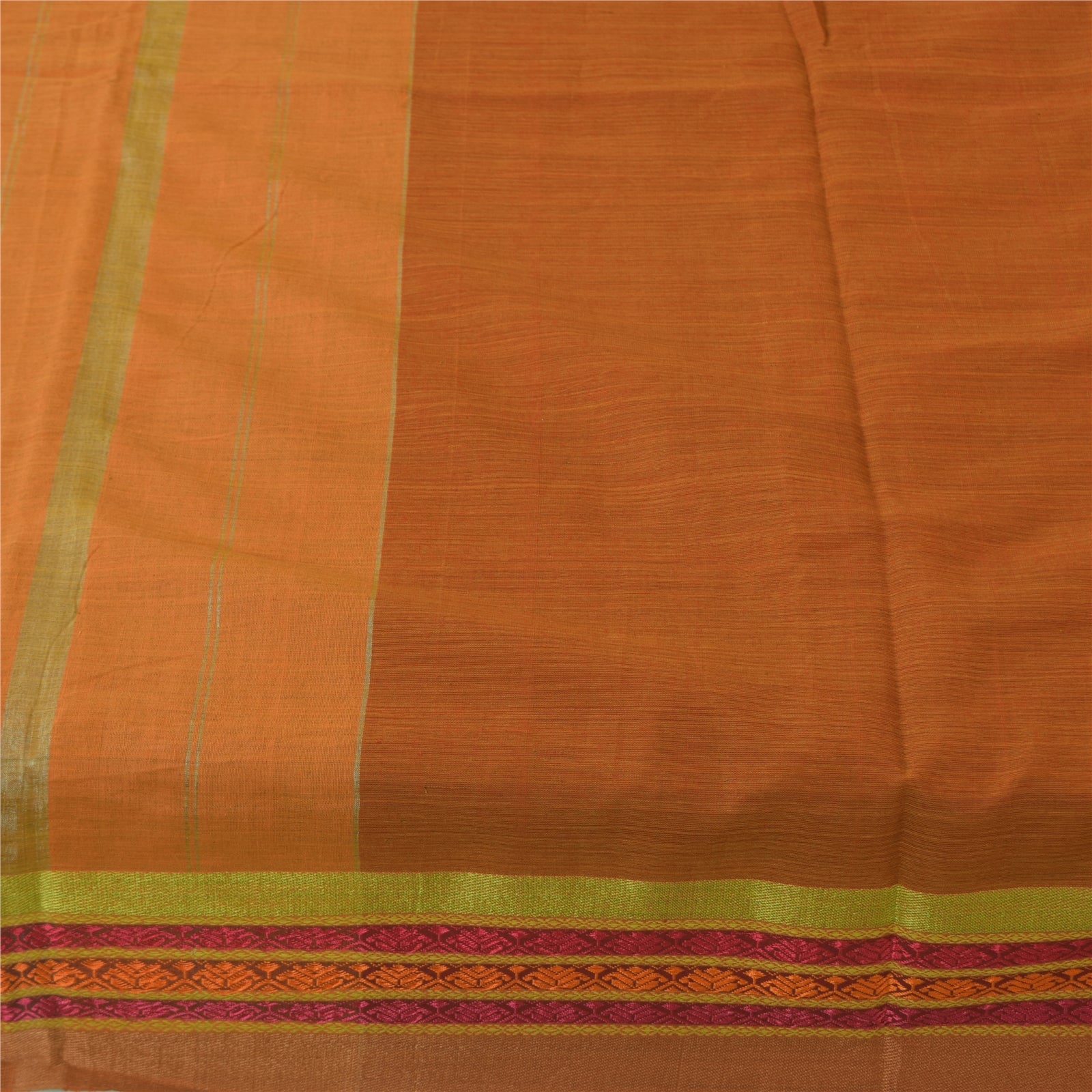 Sanskriti Vintage Sarees Saffron Pure Cotton Hand Woven Sari 5+yd Craft Fabric