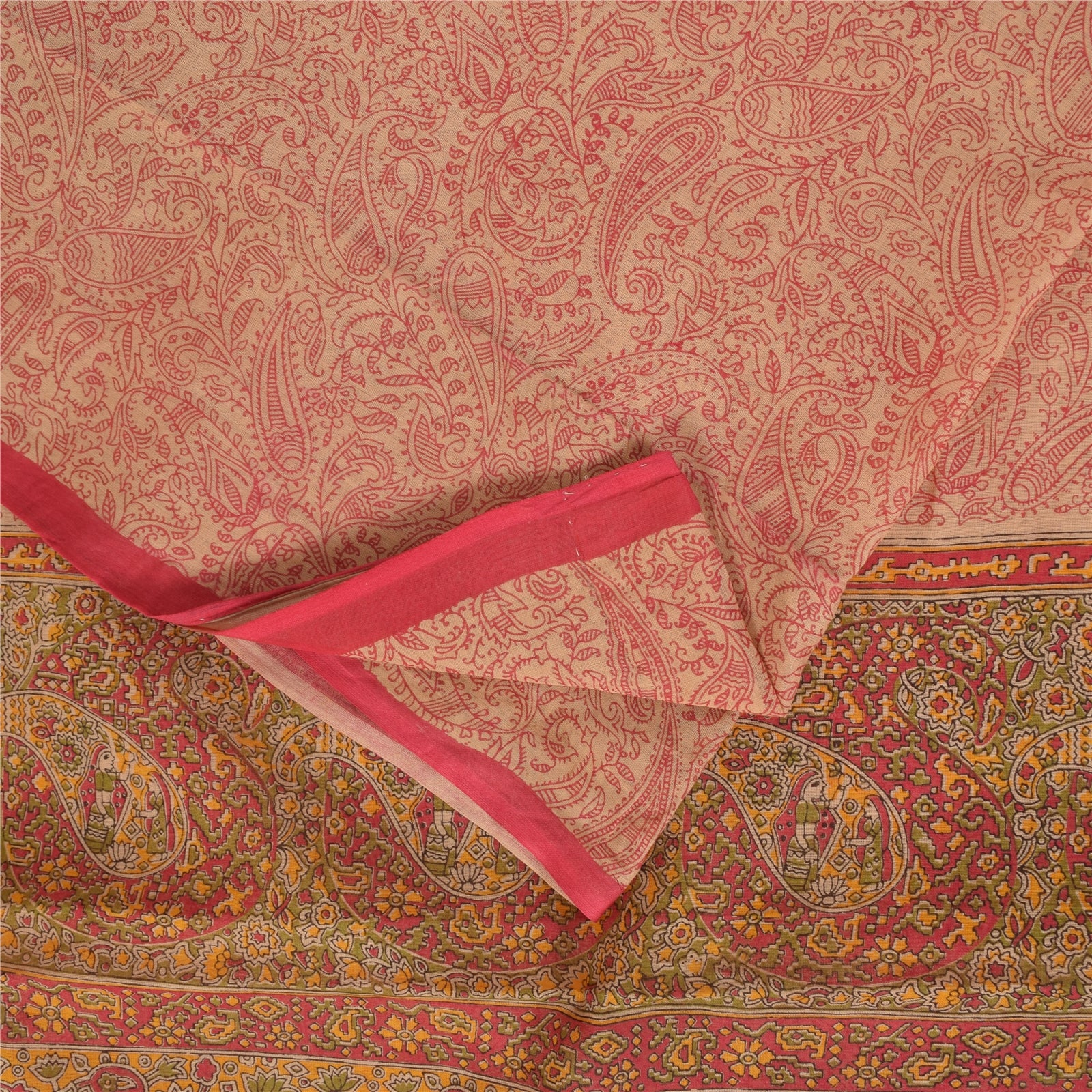 Sanskriti Vintage Sarees Peach & Red Pure Cotton Hand Block Printed Sari Fabric