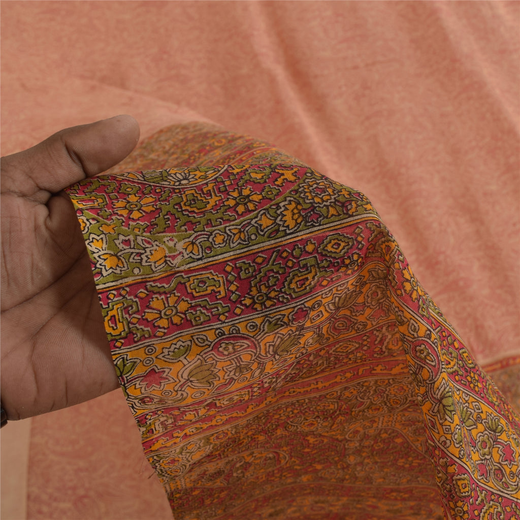 Sanskriti Vintage Sarees Peach & Red Pure Cotton Hand Block Printed Sari Fabric