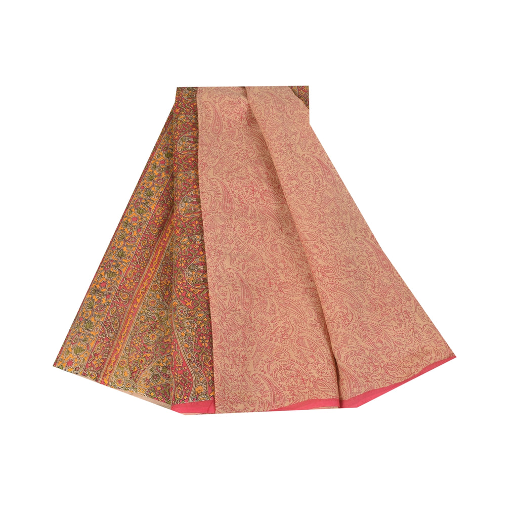 Sanskriti Vintage Sarees Peach & Red Pure Cotton Hand Block Printed Sari Fabric