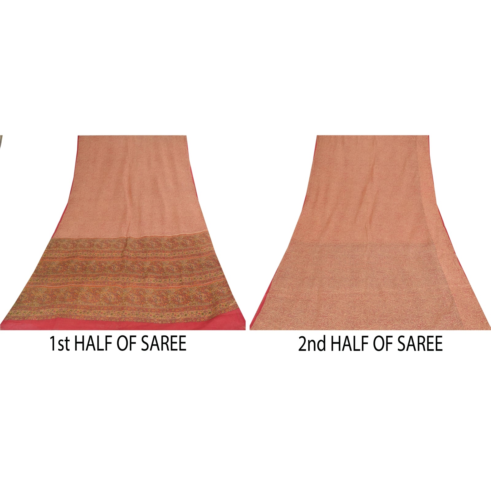 Sanskriti Vintage Sarees Peach & Red Pure Cotton Hand Block Printed Sari Fabric