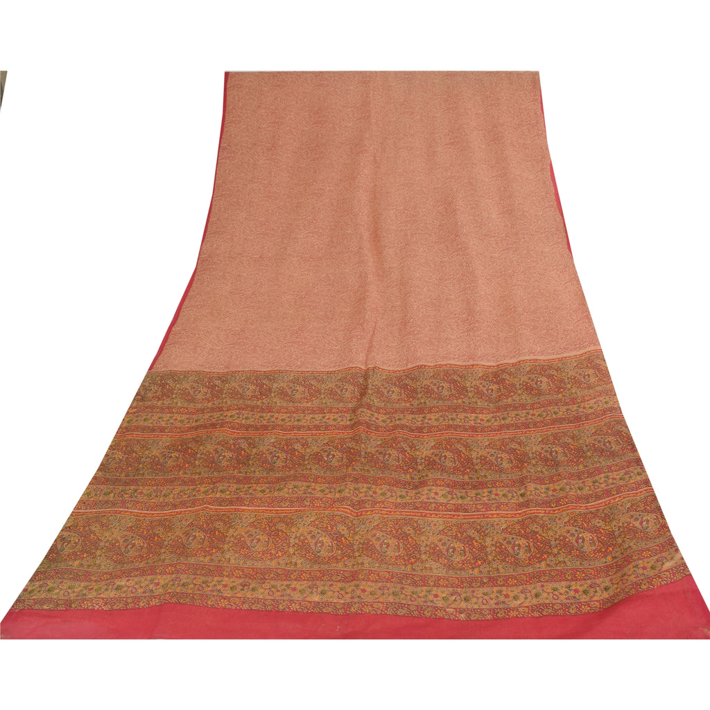 Sanskriti Vintage Sarees Peach & Red Pure Cotton Hand Block Printed Sari Fabric