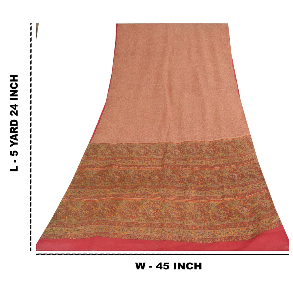 Sanskriti Vintage Sarees Peach & Red Pure Cotton Hand Block Printed Sari Fabric