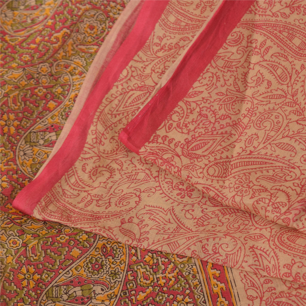 Sanskriti Vintage Sarees Peach & Red Pure Cotton Hand Block Printed Sari Fabric