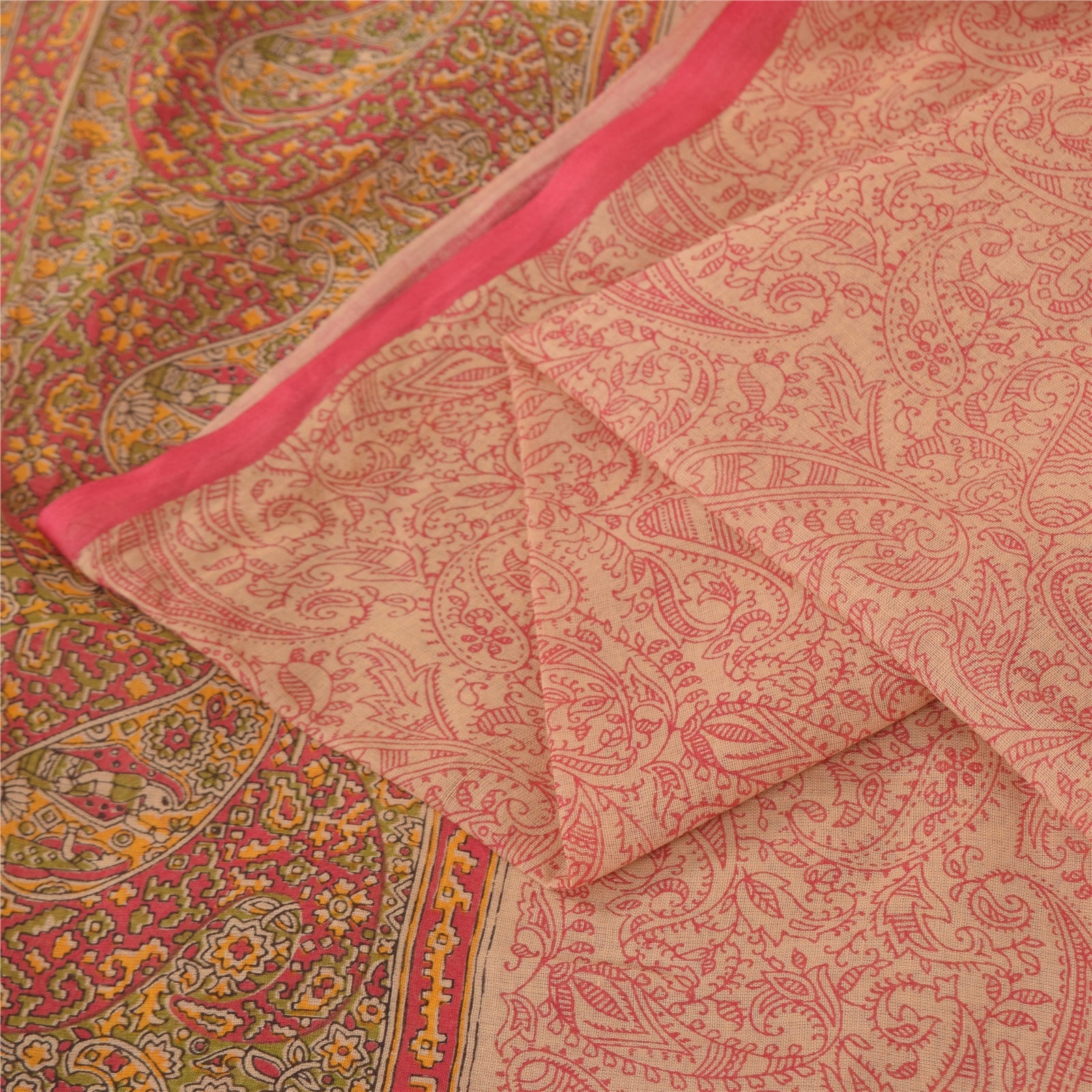 Sanskriti Vintage Sarees Peach & Red Pure Cotton Hand Block Printed Sari Fabric