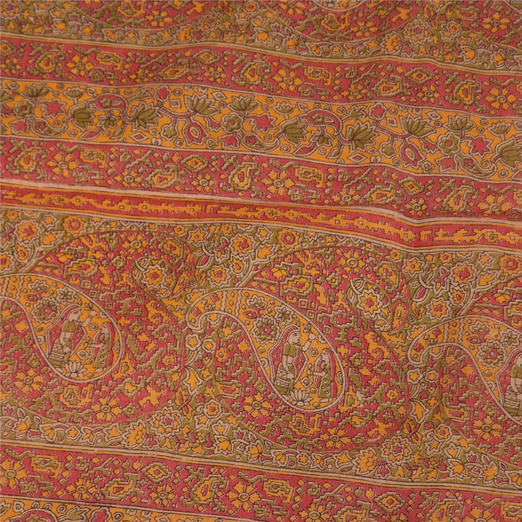 Sanskriti Vintage Sarees Peach & Red Pure Cotton Hand Block Printed Sari Fabric