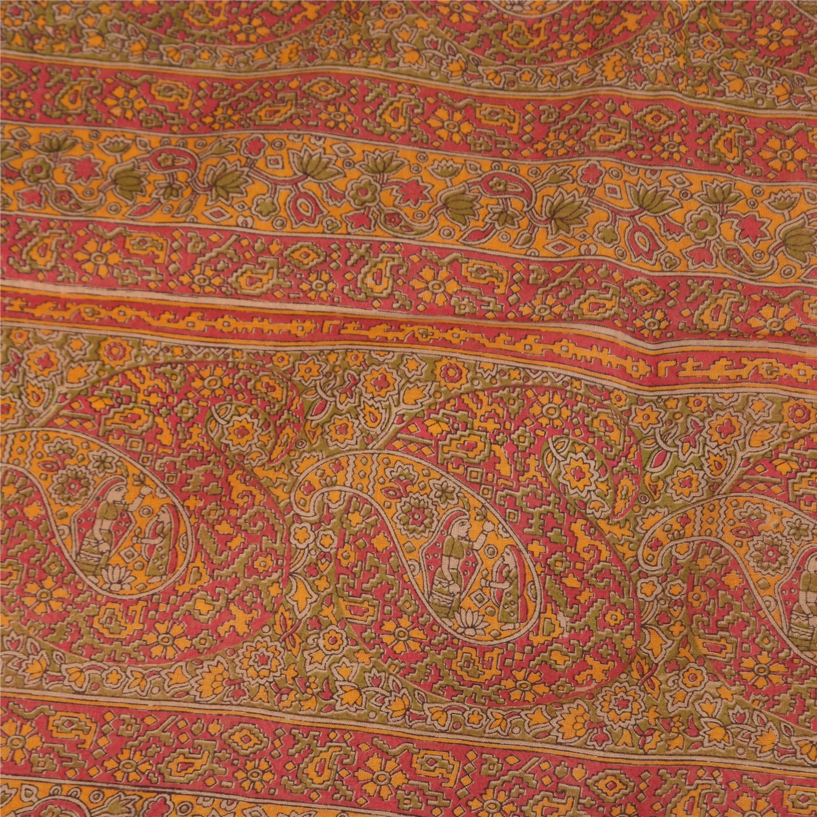 Sanskriti Vintage Sarees Peach & Red Pure Cotton Hand Block Printed Sari Fabric