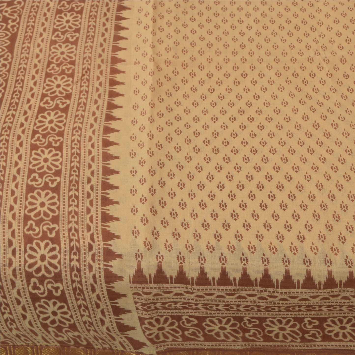 Sanskriti Vintage Sarees Peach & Brown Pure Cotton Print Sari 5+yd Craft Fabric