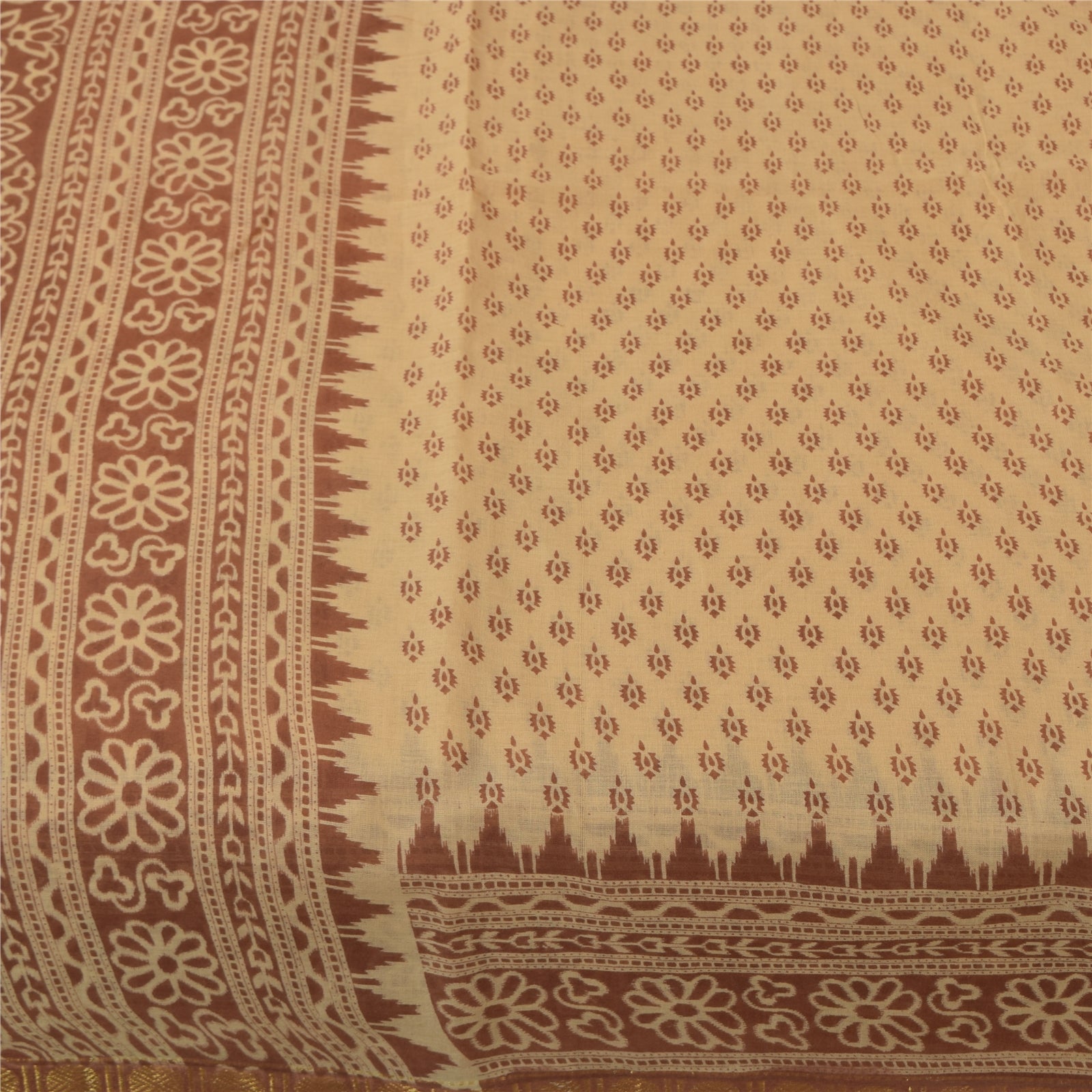Sanskriti Vintage Sarees Peach & Brown Pure Cotton Print Sari 5+yd Craft Fabric