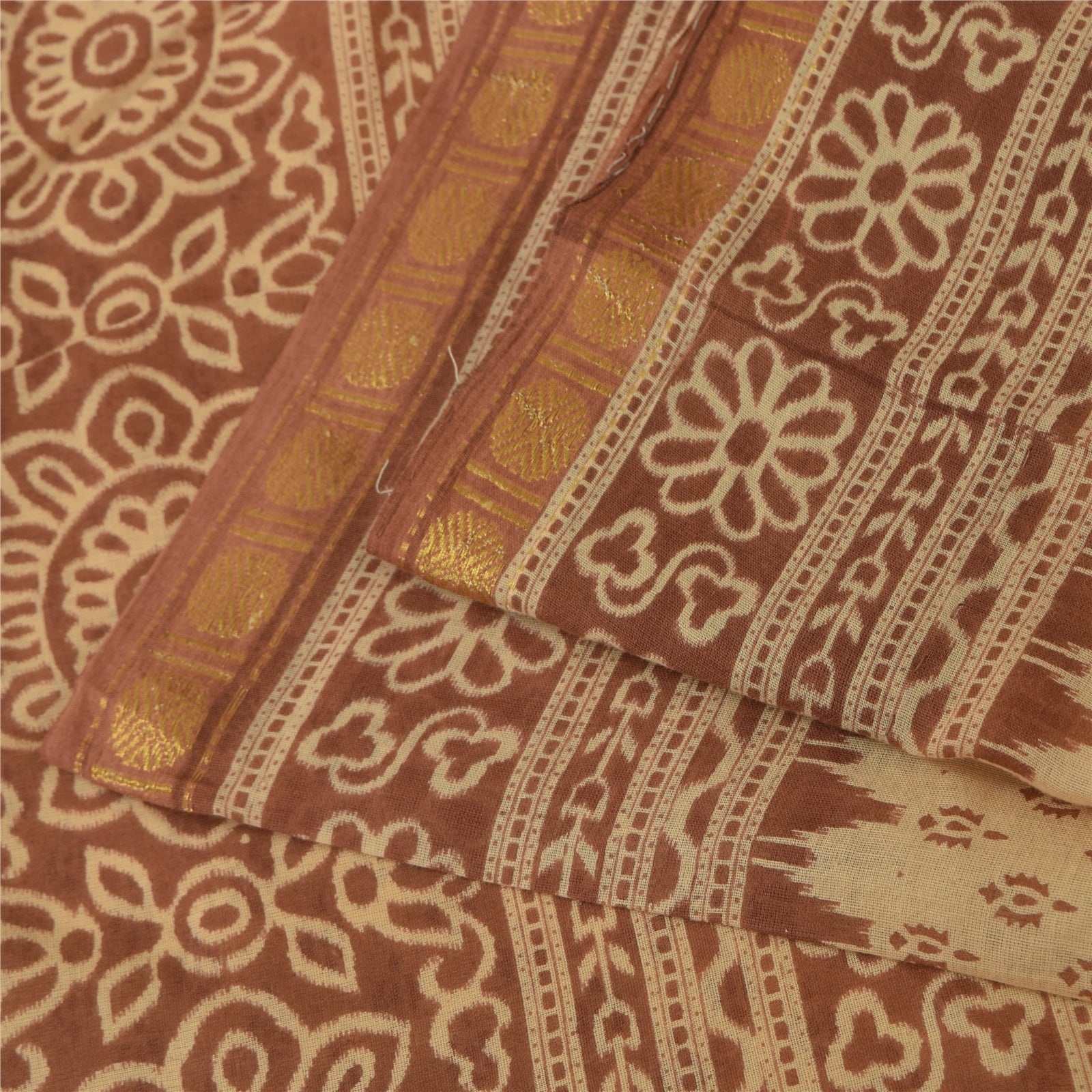 Sanskriti Vintage Sarees Peach & Brown Pure Cotton Print Sari 5+yd Craft Fabric
