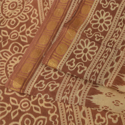 Sanskriti Vintage Sarees Peach & Brown Pure Cotton Print Sari 5+yd Craft Fabric