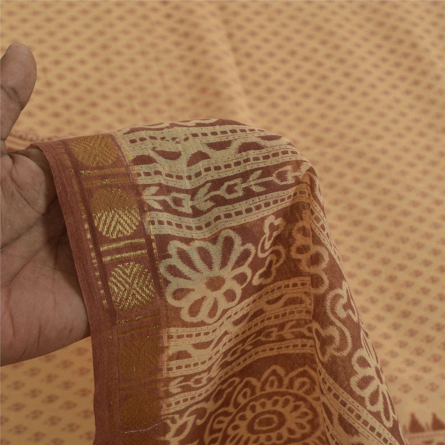 Sanskriti Vintage Sarees Peach & Brown Pure Cotton Print Sari 5+yd Craft Fabric