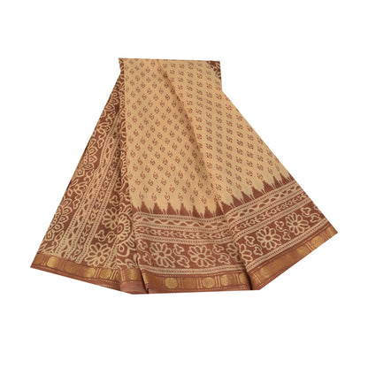Sanskriti Vintage Sarees Peach & Brown Pure Cotton Print Sari 5+yd Craft Fabric