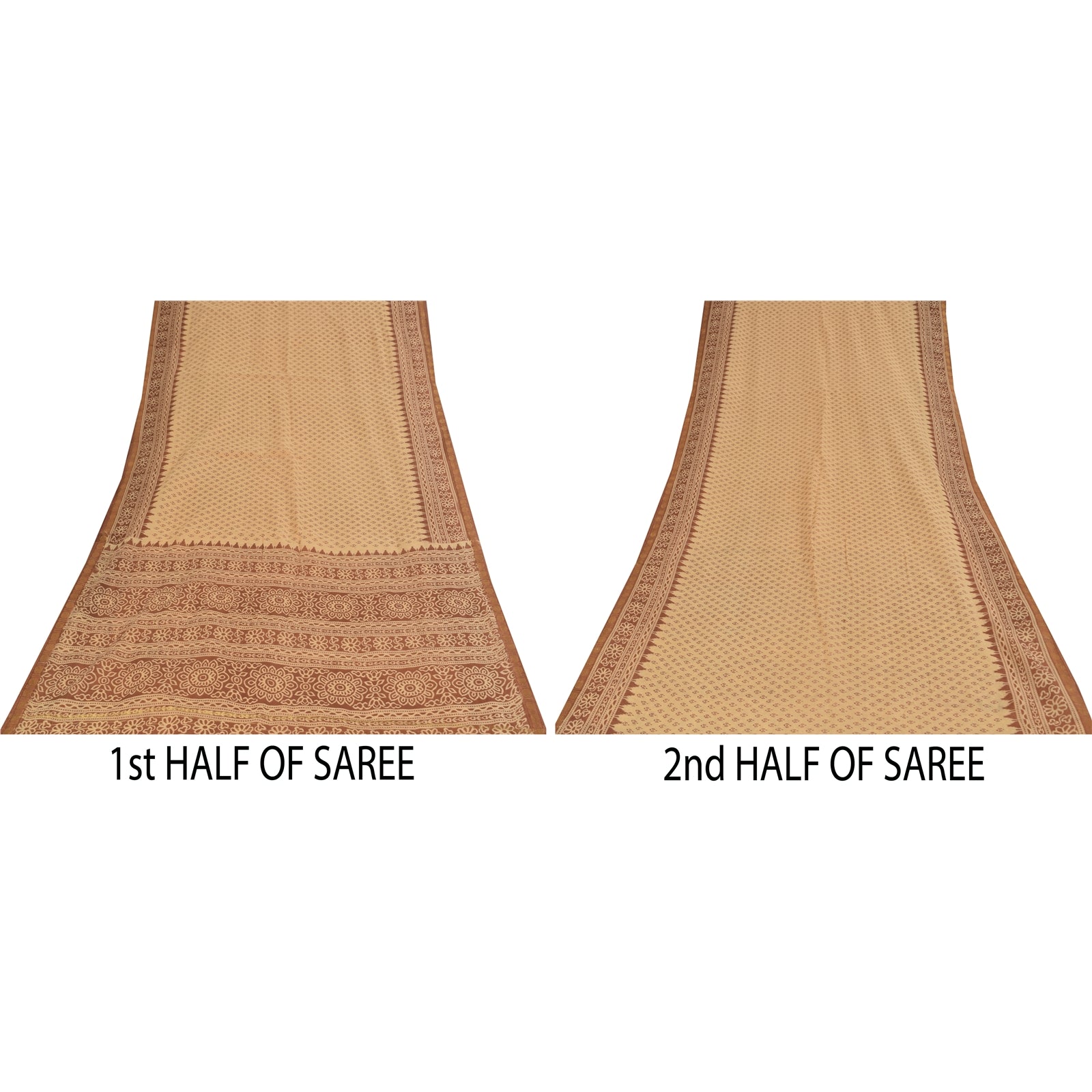 Sanskriti Vintage Sarees Peach & Brown Pure Cotton Print Sari 5+yd Craft Fabric