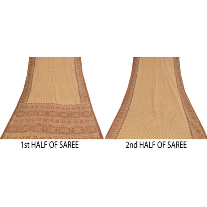 Sanskriti Vintage Sarees Peach & Brown Pure Cotton Print Sari 5+yd Craft Fabric