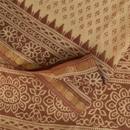 Sanskriti Vintage Sarees Peach & Brown Pure Cotton Print Sari 5+yd Craft Fabric