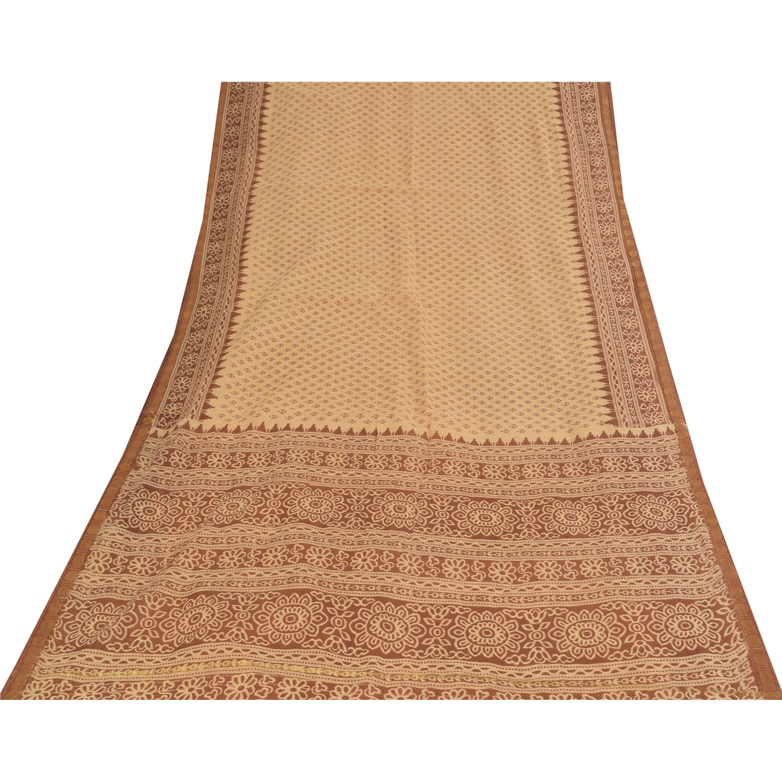 Sanskriti Vintage Sarees Peach & Brown Pure Cotton Print Sari 5+yd Craft Fabric