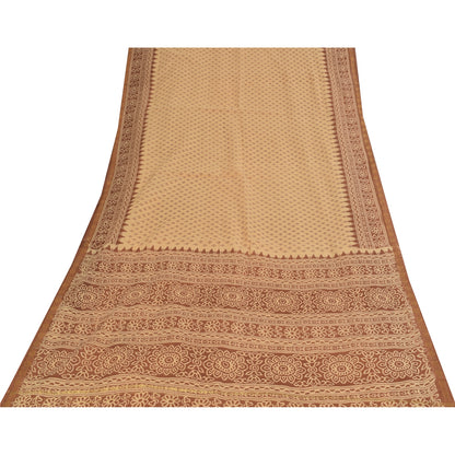 Sanskriti Vintage Sarees Peach & Brown Pure Cotton Print Sari 5+yd Craft Fabric