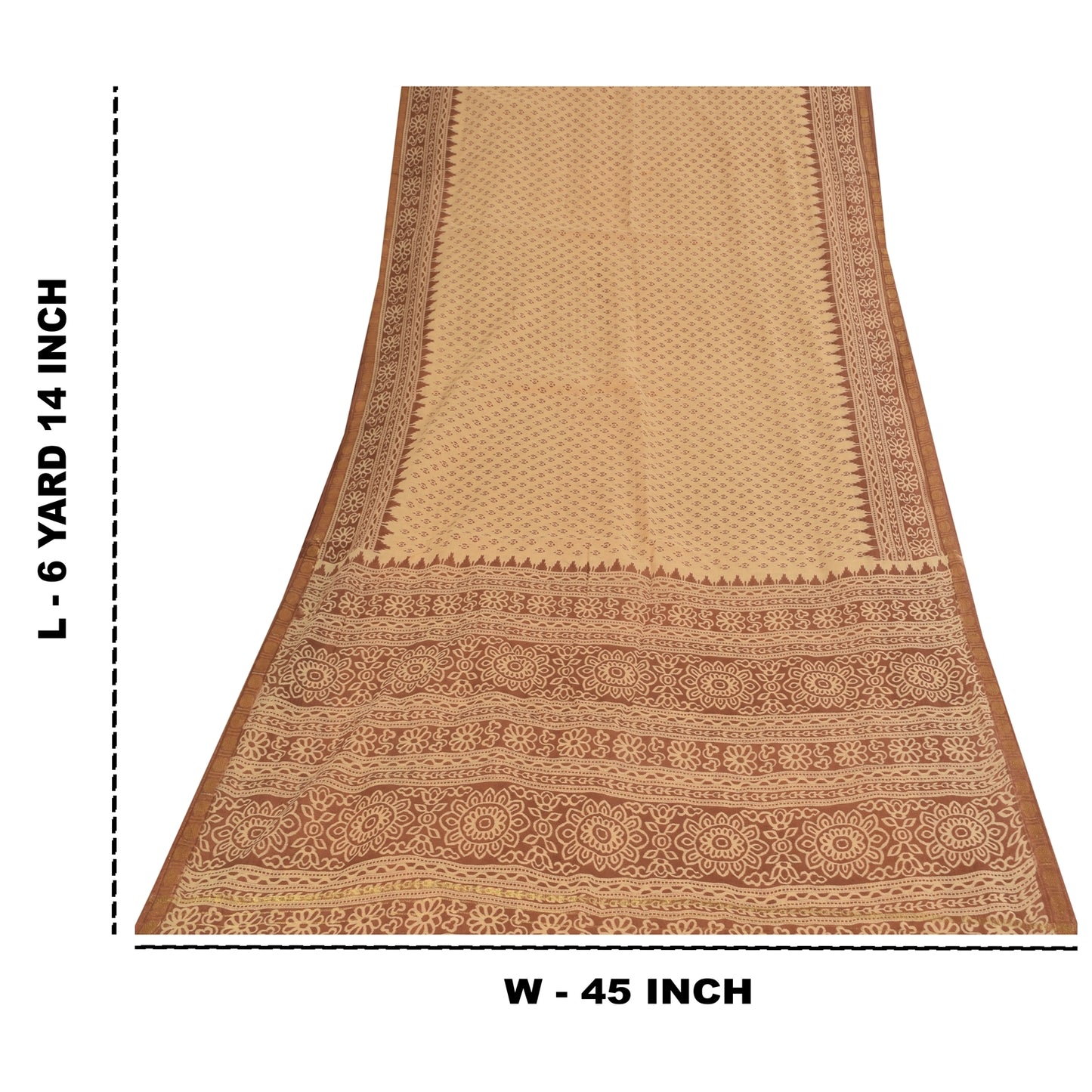 Sanskriti Vintage Sarees Peach & Brown Pure Cotton Print Sari 5+yd Craft Fabric