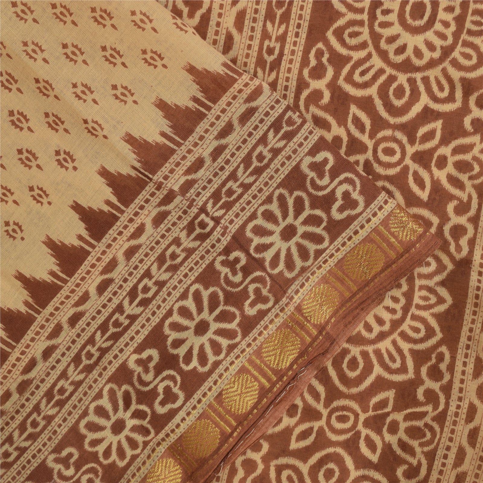 Sanskriti Vintage Sarees Peach & Brown Pure Cotton Print Sari 5+yd Craft Fabric