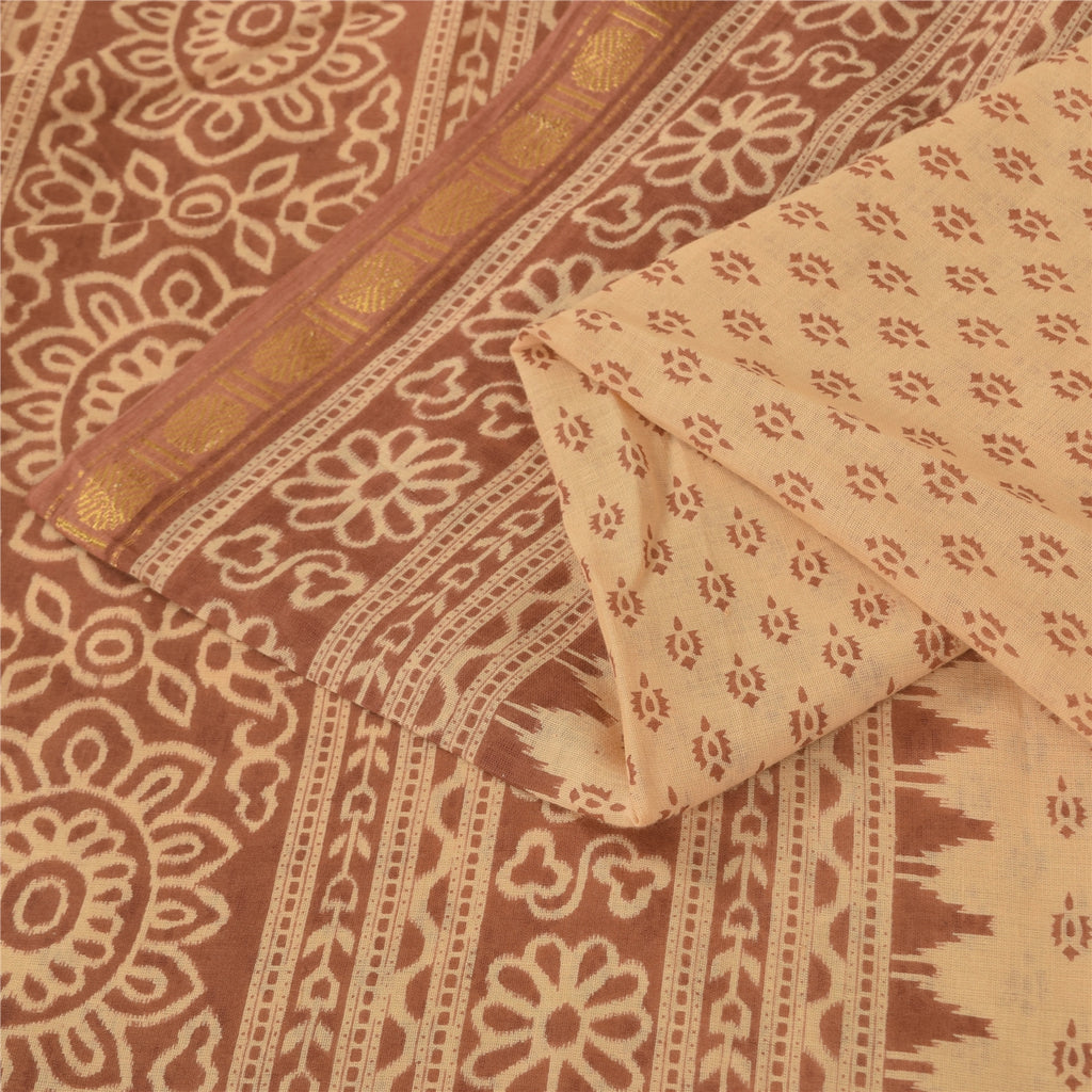 Sanskriti Vintage Sarees Peach & Brown Pure Cotton Print Sari 5+yd Craft Fabric
