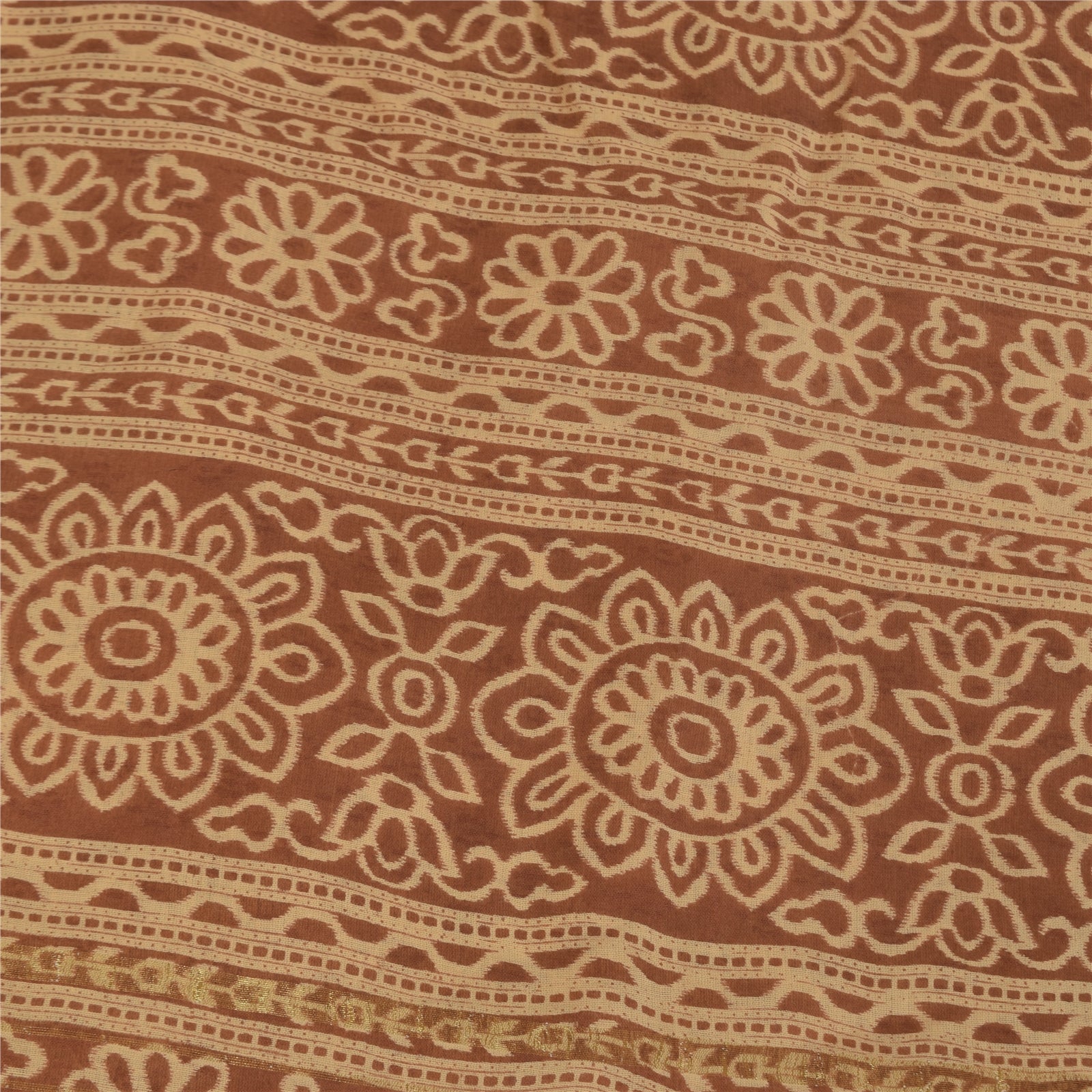 Sanskriti Vintage Sarees Peach & Brown Pure Cotton Print Sari 5+yd Craft Fabric