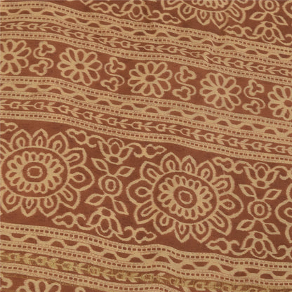 Sanskriti Vintage Sarees Peach & Brown Pure Cotton Print Sari 5+yd Craft Fabric