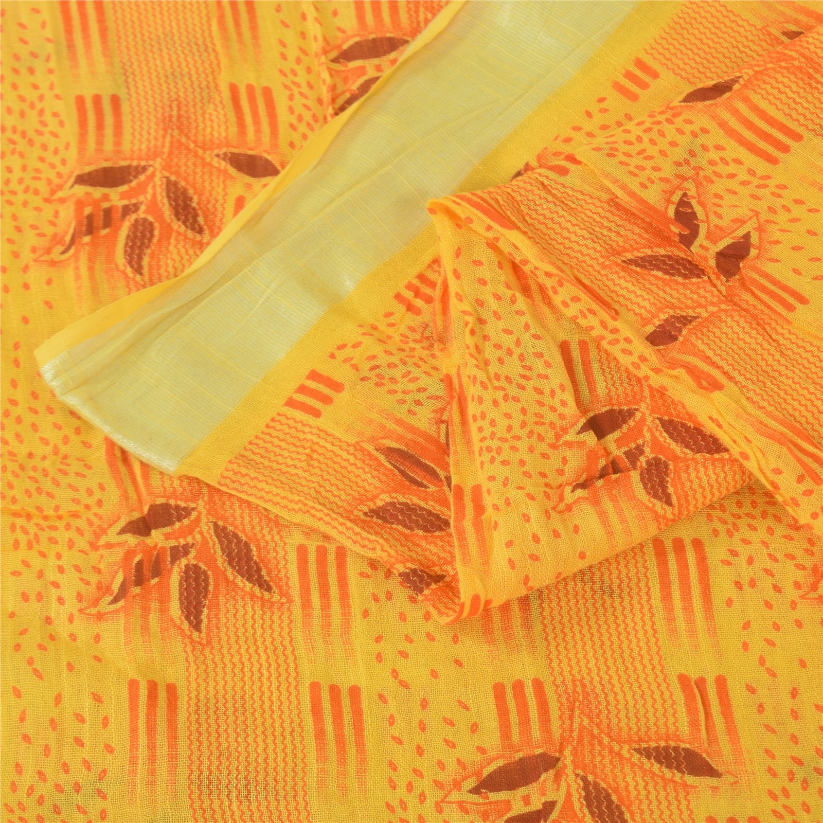 Sanskriti Vintage Sarees Yellow Woven Printed Pure Cotton Sari 5+yd Craft Fabric