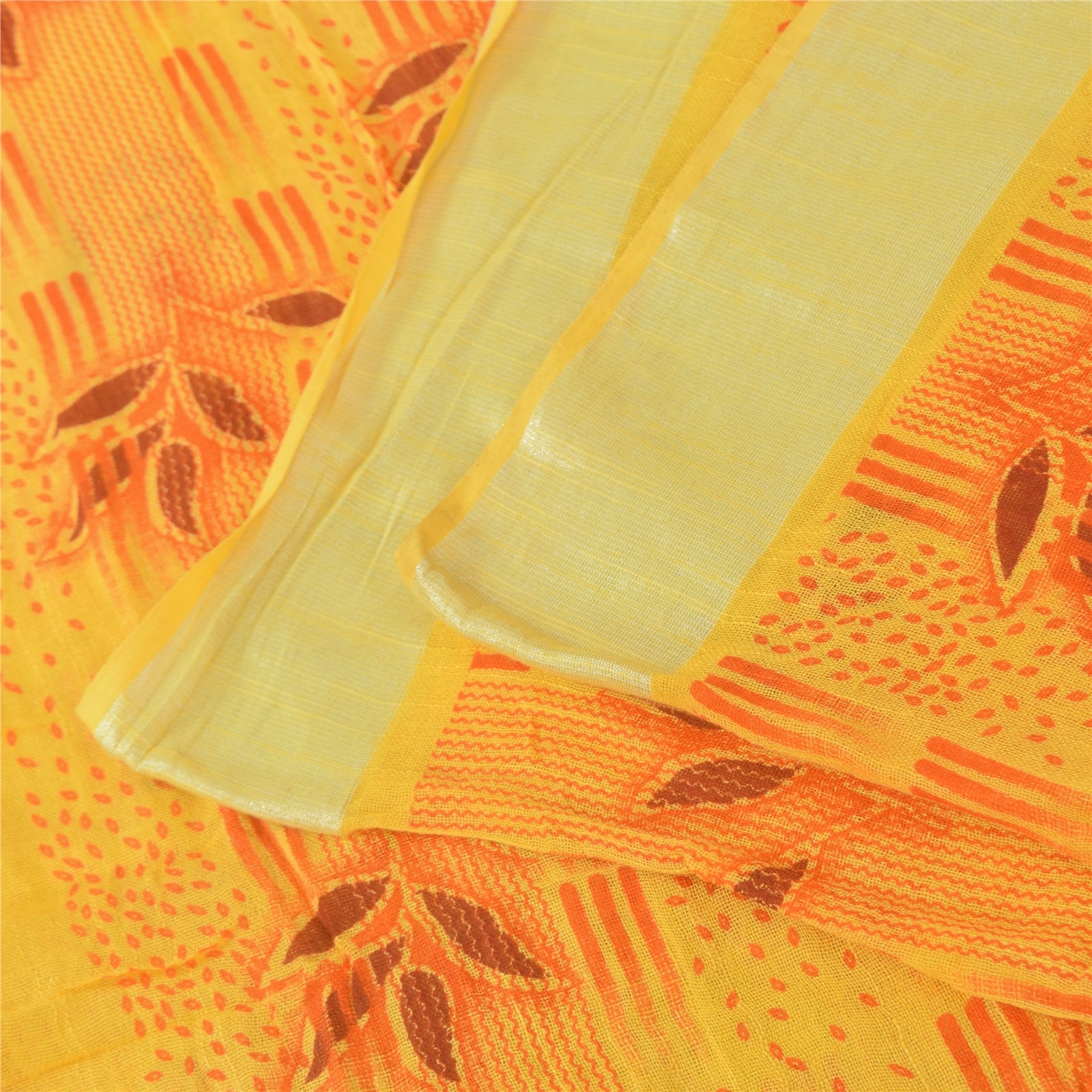 Sanskriti Vintage Sarees Yellow Woven Printed Pure Cotton Sari 5+yd Craft Fabric