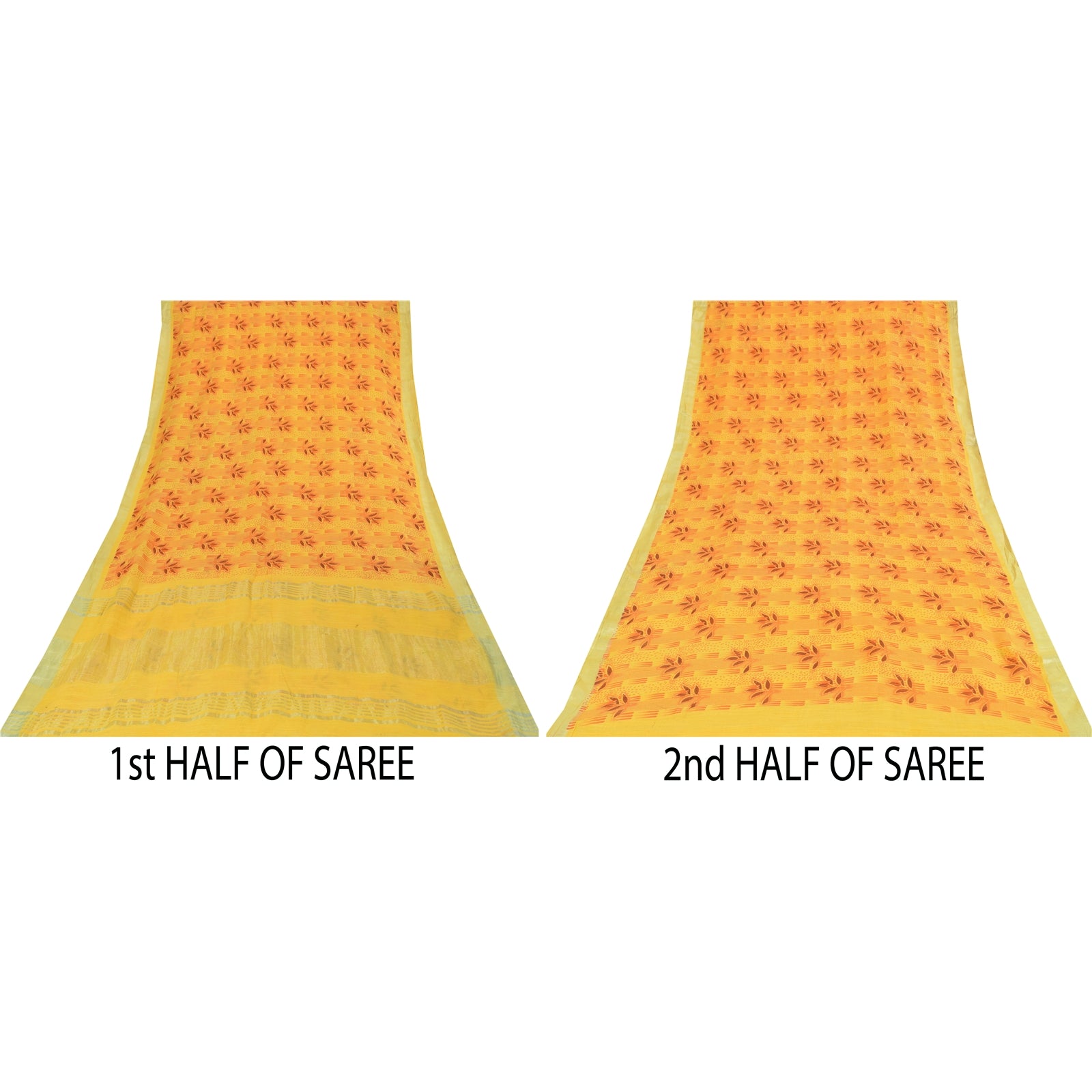 Sanskriti Vintage Sarees Yellow Woven Printed Pure Cotton Sari 5+yd Craft Fabric