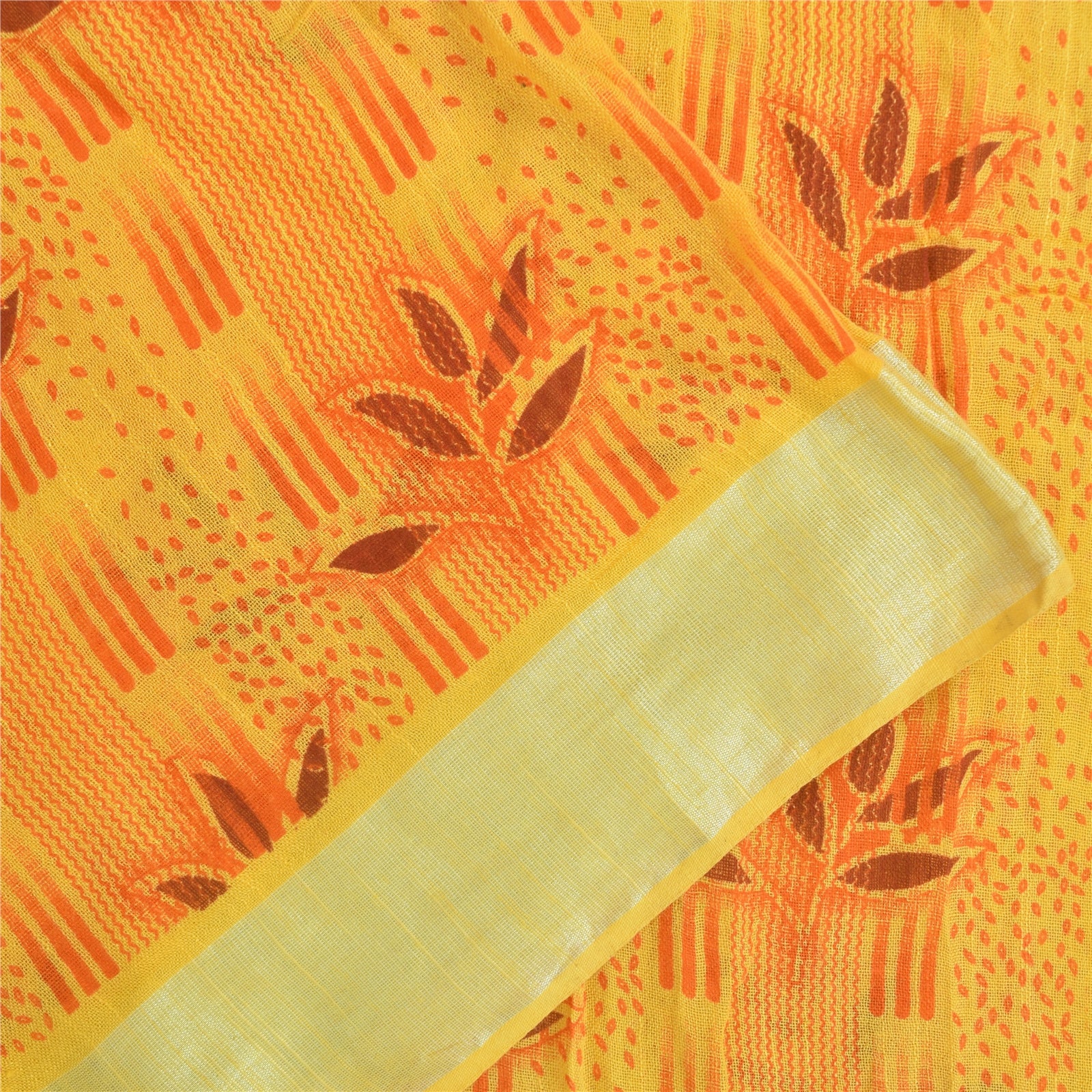 Sanskriti Vintage Sarees Yellow Woven Printed Pure Cotton Sari 5+yd Craft Fabric
