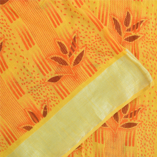 Sanskriti Vintage Sarees Yellow Woven Printed Pure Cotton Sari 5+yd Craft Fabric