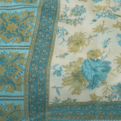 Sanskriti Vintage Sarees Ivory & Blue Pure Cotton Printed Sari 5+yd Craft Fabric