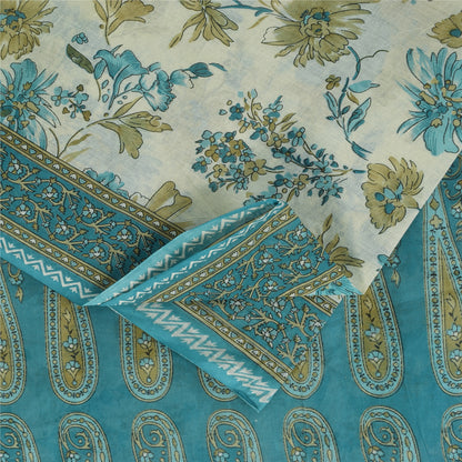 Sanskriti Vintage Sarees Ivory & Blue Pure Cotton Printed Sari 5+yd Craft Fabric