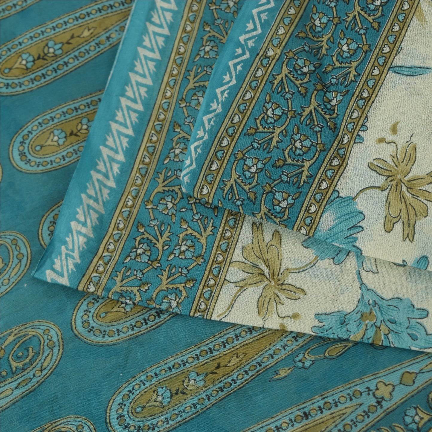 Sanskriti Vintage Sarees Ivory & Blue Pure Cotton Printed Sari 5+yd Craft Fabric