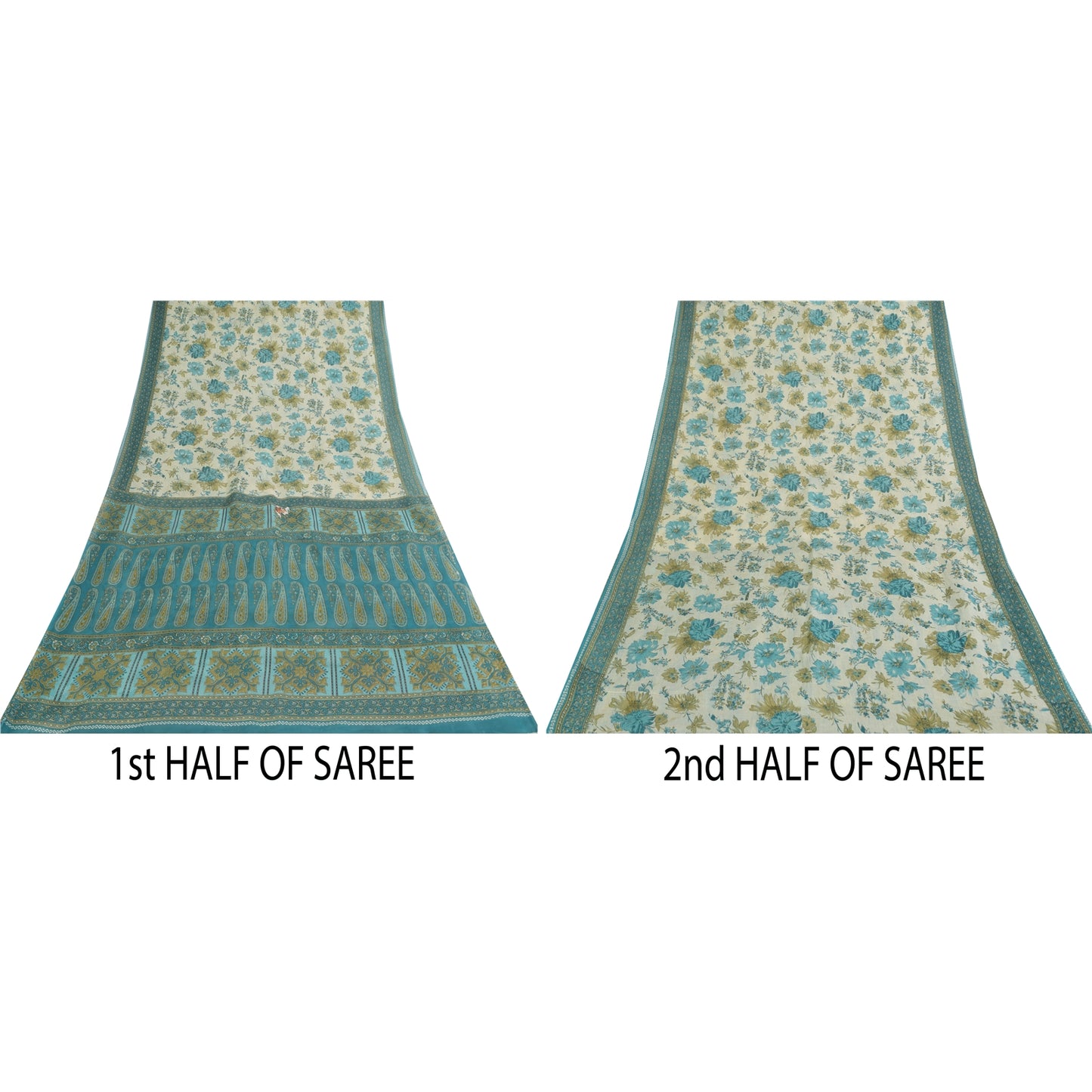 Sanskriti Vintage Sarees Ivory & Blue Pure Cotton Printed Sari 5+yd Craft Fabric