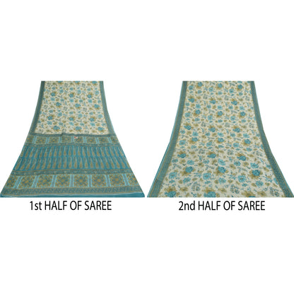 Sanskriti Vintage Sarees Ivory & Blue Pure Cotton Printed Sari 5+yd Craft Fabric
